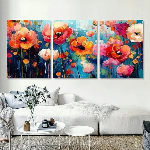 3pcs Vibrant Poppy & Daisy Painting Wall Art Set Canvas Unframed - High Quality Print 100% Australian Made Wall Canvas
