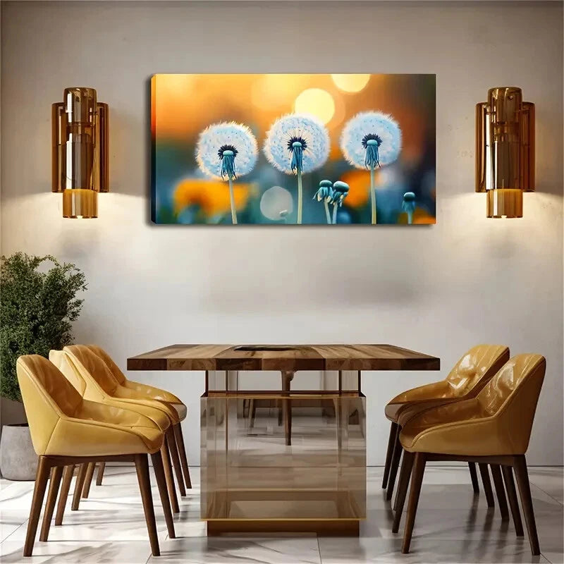 Three Full Dandelions Fluffy Wall Art Canvas Office Home Room Framed 120x60cm - Bella Home Decor