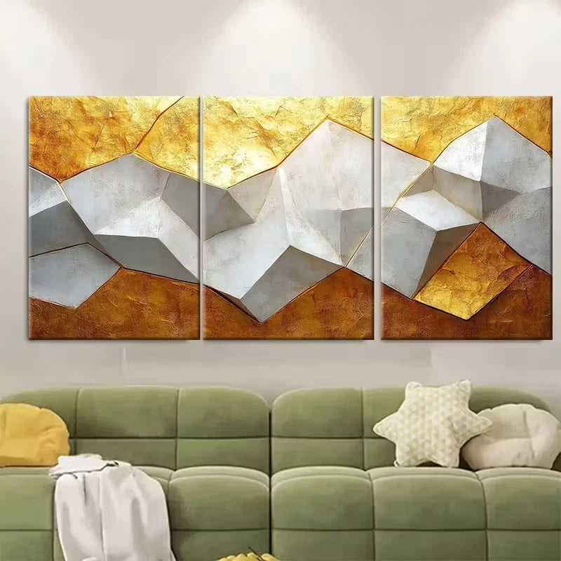 3pcs Geometric White Golden Metal Print Ready to Hang Art - Bella Home Decor