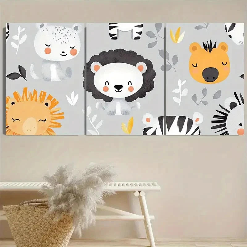 3pcs Adorable Zoo Animals Wall Art Set Canvas Framed 50x70cm - High Quality Print 100% Australian Made Wall Canvas Ready to Hang - Bella Home Decor