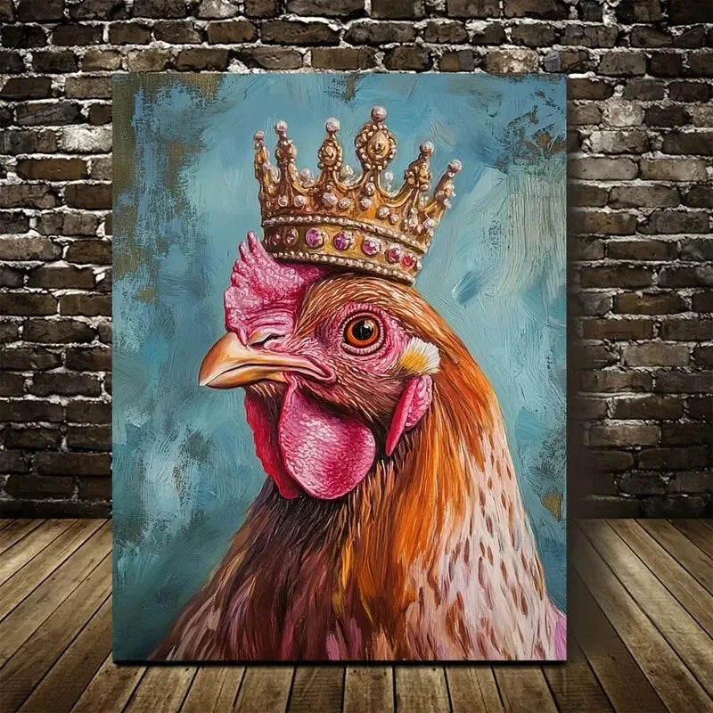 Whimsical Crowned Chicken with Gemstones Painting 40x60cm Metal Print Ready to Hang - Bella Home Decor