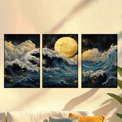 3pcs Painting of a Full Moon Over a Stormy Ocean Wall Art Canvas Unframed – High Quality Print 100% Australian Made Wall Canvas