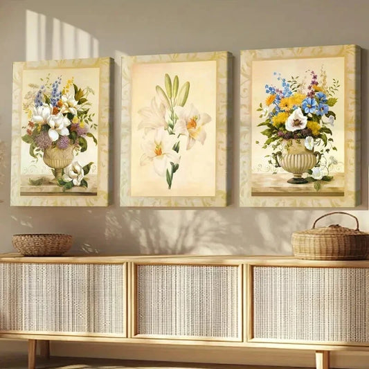 3pcs Beautiful Florals Modern Flower Vase White Wall Art Set Canvas Framed 50x70cm - High Quality Print 100% Australian Made Wall Canvas Ready to Hang