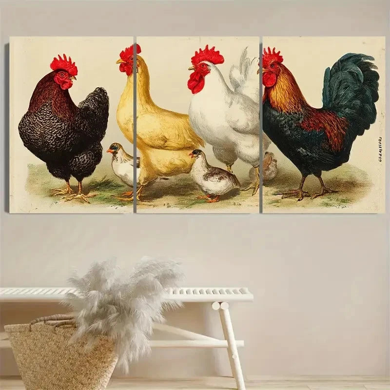3pcs Vintage Poultry Print, Chicken poster Wall Art Set Canvas Framed 40x60cm - High Quality Print 100% Australian Made Wall Canvas Ready to Hang - Bella Home Decor