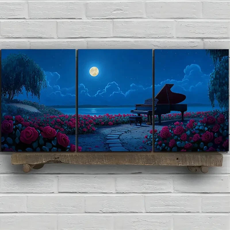 3pcs Rose Piano By The Sea Night Sky Metal Print Ready to Hang Art - Bella Home Decor