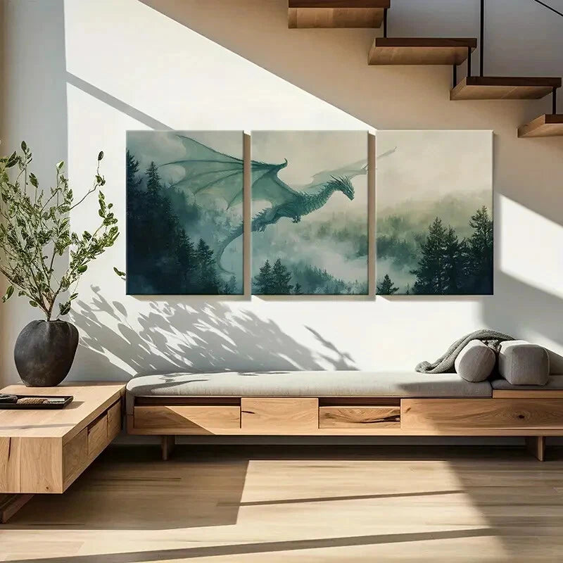 3pcs Magical Dragon Art Forest Landscape Metal Print Ready to Hang Art - Bella Home Decor