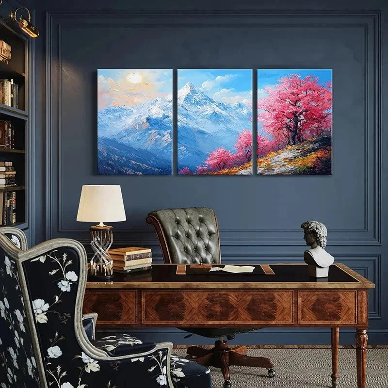 3pcs Mountain Landscape Pink Blossom Trees Metal Print Ready to Hang Art - Bella Home Decor