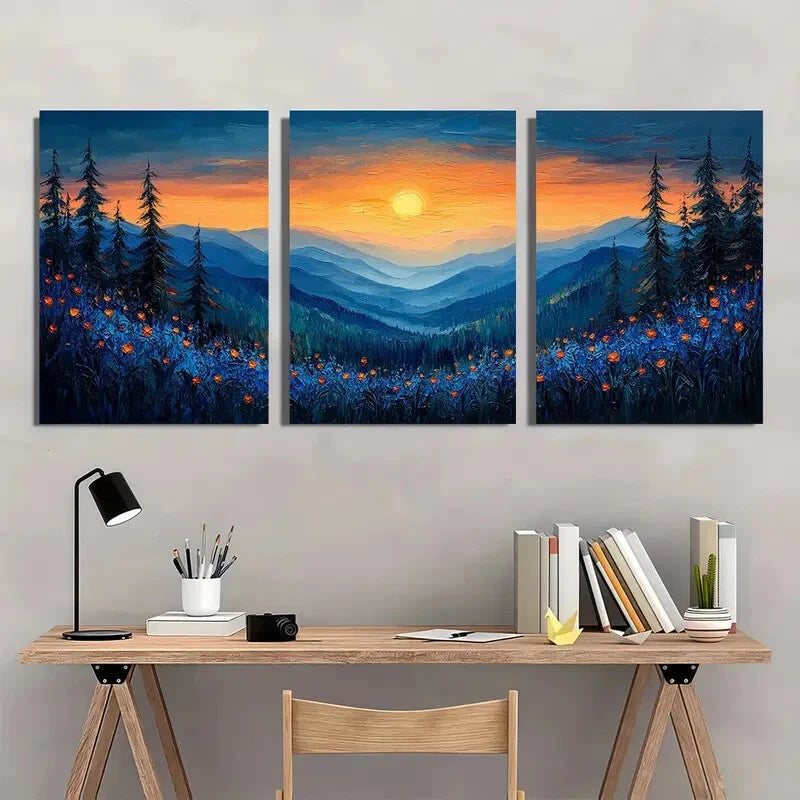 3pcs Oil Painting Texture Blue Landscape Metal Print Ready to Hang Art - Bella Home Decor