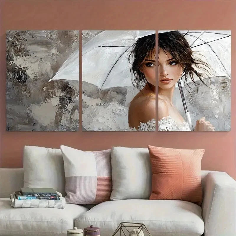 3pcs Woman with White Umbrella Modern Wall Art for Metal Print Ready to Hang Art - Bella Home Decor