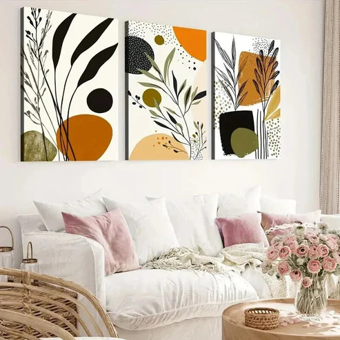 3pcs Boho Style Abstract Botanical Earth Tones Wall Art Canvas Unframed - High Quality Print 100% Australian Made Wall Canvas - Bella Home Decor