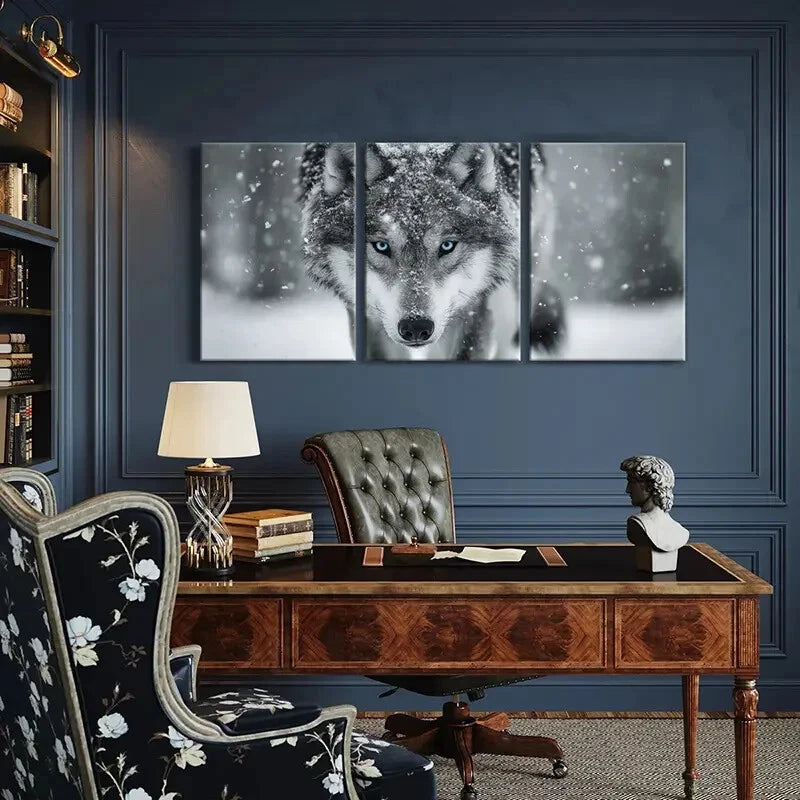 3pcs Winter Wolf Art Snowy Landscape Blue Eyes Metal Print Ready to Hang Art - Bella Home Decor