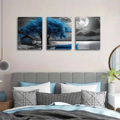 3pcs Blue Tree and Moon Lake Landscape Painting Metal Print Ready to Hang Art - Bella Home Decor