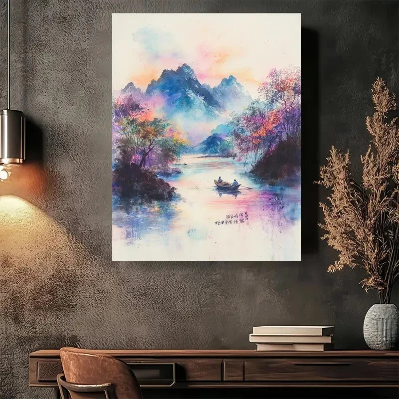 Beautiful Serene River Journey Vintage Painting 40x60cm Metal Print Ready to Hang - Bella Home Decor