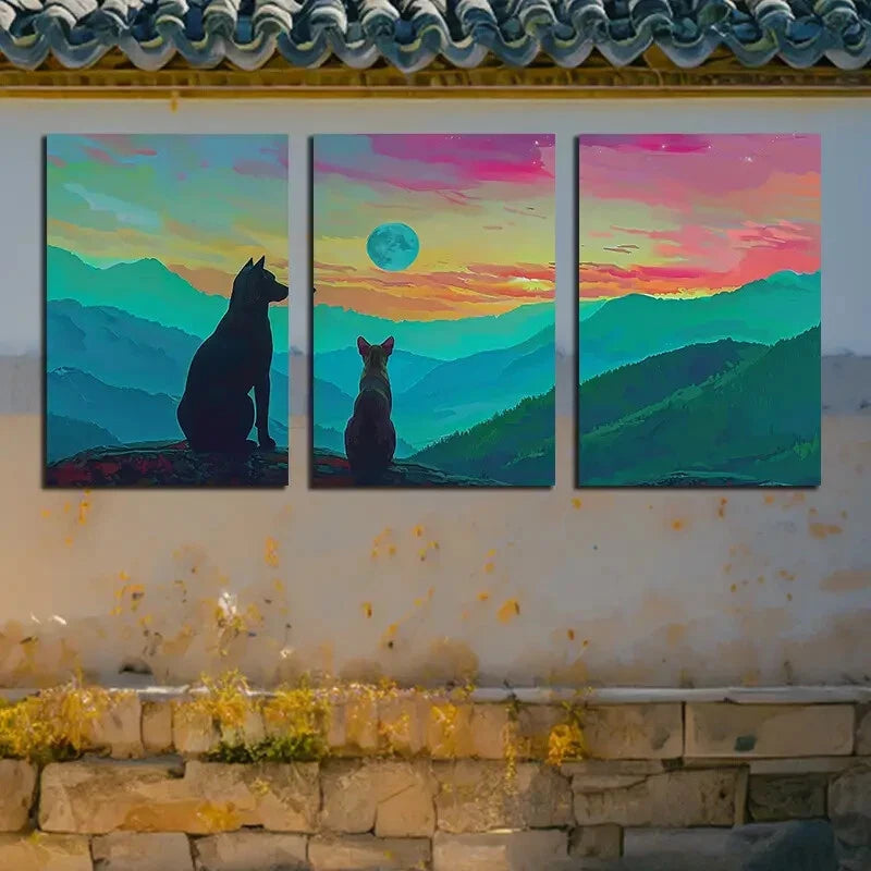 3pcs Cat and Dog Silhouette with Sunset Landscape Metal Print Ready to Hang Art - Bella Home Decor