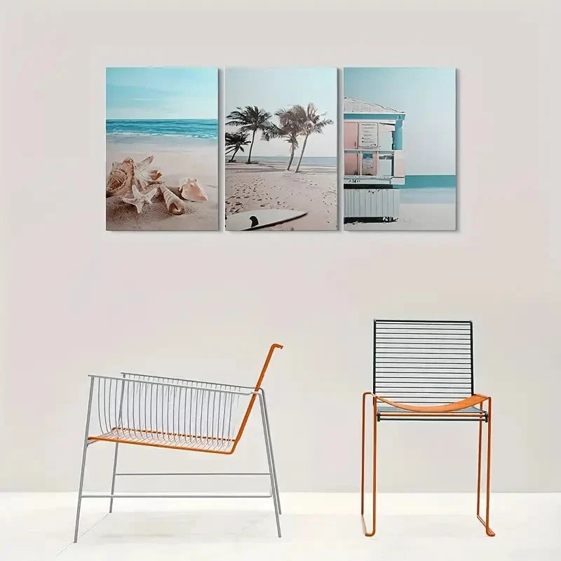 3pcs Palm Trees Seashells & Surfboard Wall Art Set Canvas Framed 40x60cm - High Quality Print 100% Australian Made Wall Canvas Ready to Hang