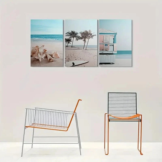 3pcs Palm Trees Seashells & Surfboard Wall Art Set Canvas Framed 40x60cm - High Quality Print 100% Australian Made Wall Canvas Ready to Hang
