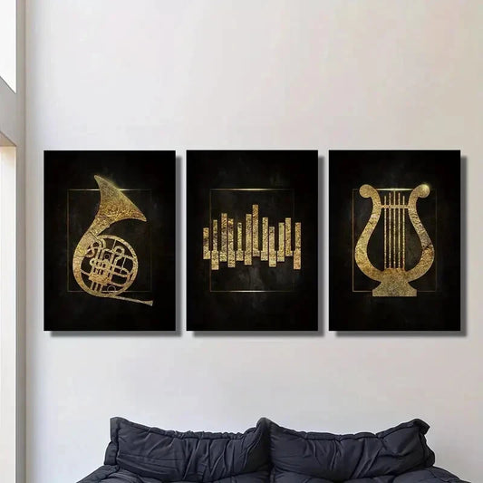 3pcs Golden musical instrument Metal Print Ready to Hang Art