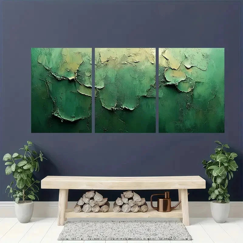 3pcs Minimalist Abstract Green & Beige Textured Metal Print Ready to Hang Art - Bella Home Decor