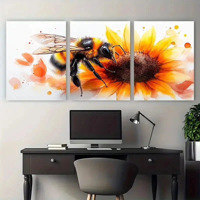 3pcs Vibrant Watercolor Bumblebee on Sunflower Metal Print Ready to Hang Art - Bella Home Decor