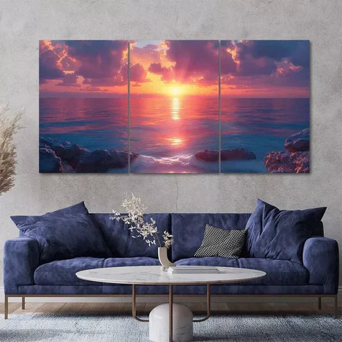 Vibrant Ocean Sunset 3 Piece Canvas Framed 60x90cm - High Quality Print 100% Australian Made Wall Canvas Ready to Hang