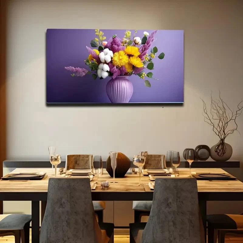 Floral Vase Vibrant Purple Wall Art Canvas Office Home Room Framed 120x60cm