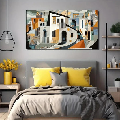 Abstract Cubist Cityscape Wall Art Canvas Office Home Room Framed 120x60cm