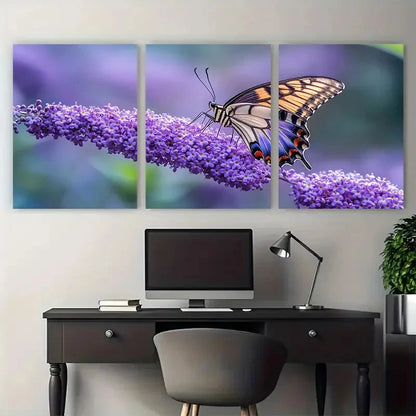 3pcs Shot of Purple Buddleia Flower with Butterfly Metal Print Ready to Hang Art - Bella Home Decor