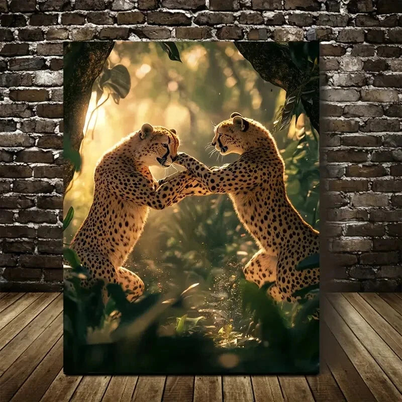 Playful Cheetah Wrestling Scene in Jungle Painting 40x60cm Metal Print Ready to Hang - Bella Home Decor