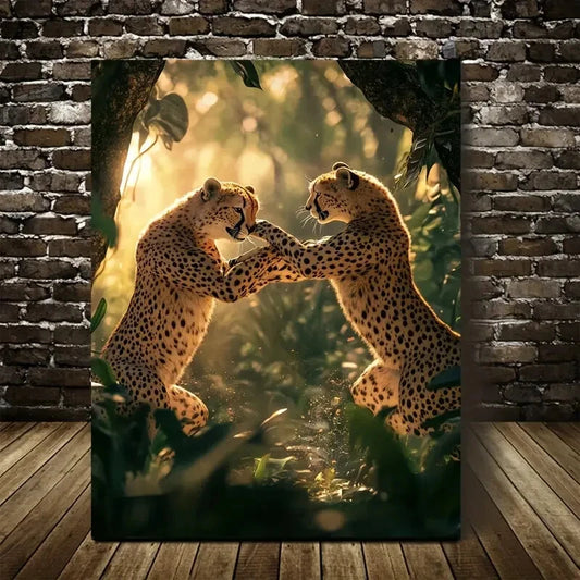 Playful Cheetah Wrestling Scene in Jungle Painting 40x60cm Metal Print Ready to Hang - Bella Home Decor
