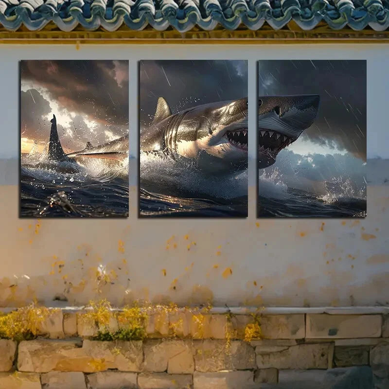 3pcs Shark Swims Against A Vortex Metal Print Ready to Hang Art - Bella Home Decor