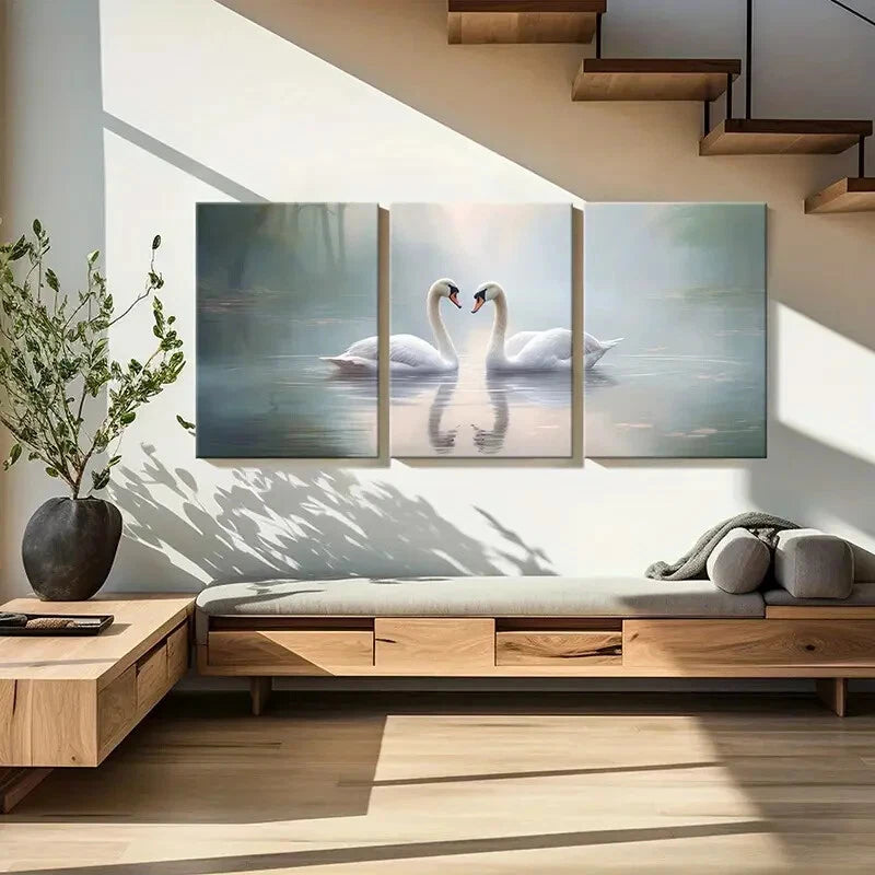 3pcs Elegant Swans Serene Lake Soft Light Metal Print Ready to Hang Art - Bella Home Decor