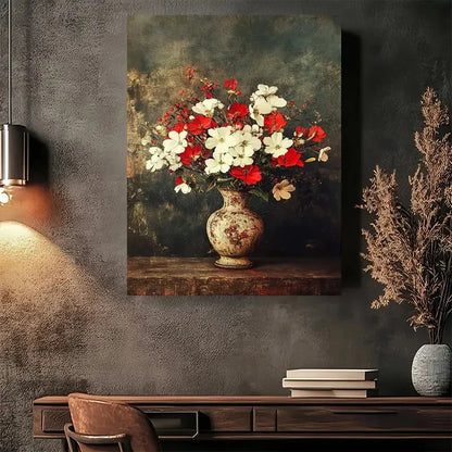 Elegant Red & White Flowers In Vase Painting 40x60cm Metal Print Ready to Hang - Bella Home Decor