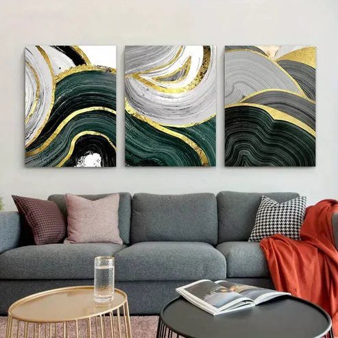 3pcs Abstract Golden Green Marble Line Wall Art Set Canvas Unframed - High Quality Print 100% Australian Made Wall Canvas  Wall Art Set Canvas Unframed - High Quality Print 100% Australian Made Wall Canvas - Bella Home Decor