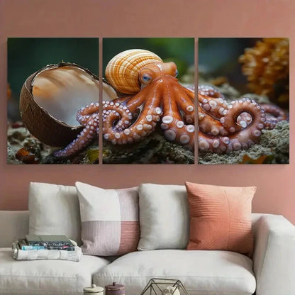 3pcs Coconut Octopus Seashell Sea Life Metal Print Ready to Hang Art - Bella Home Decor