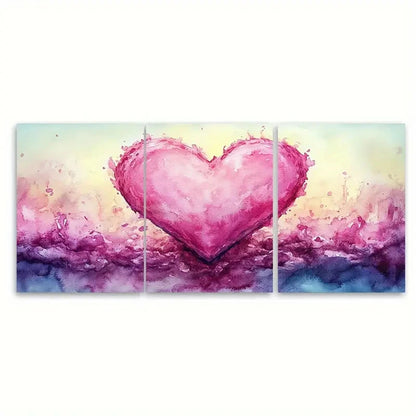 3pcs Romantic Pink Ribbon Heart Watercolor Wall Art Set Canvas Framed 50x70cm - High Quality Print 100% Australian Made Wall Canvas Ready to Hang