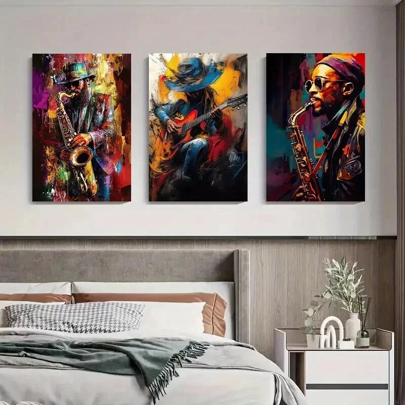 3pcs Vibrant Abstract Saxophone & Guitar Perfect Wall Art Set Canvas Framed 50x70cm - High Quality Print 100% Australian Made Wall Canvas Ready to Hang - Bella Home Decor