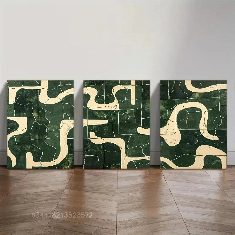 3pcs Created-Emerald Green and Beige Wall Art Metal Print Ready to Hang Art - Bella Home Decor