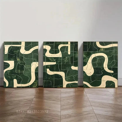 3pcs Created-Emerald Green and Beige Wall Art Metal Print Ready to Hang Art - Bella Home Decor