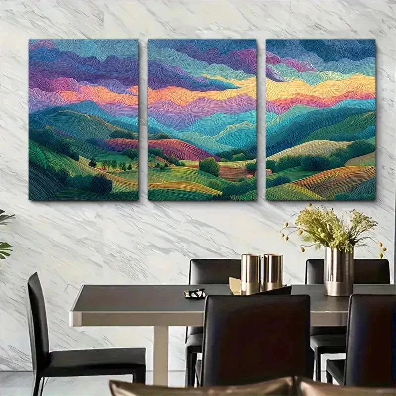 3pcs Colorful Hills Fields And Villages Perfect Wall Art Set Canvas Framed 50x70cm - High Quality Print 100% Australian Made Wall Canvas Ready to Hang - Bella Home Decor