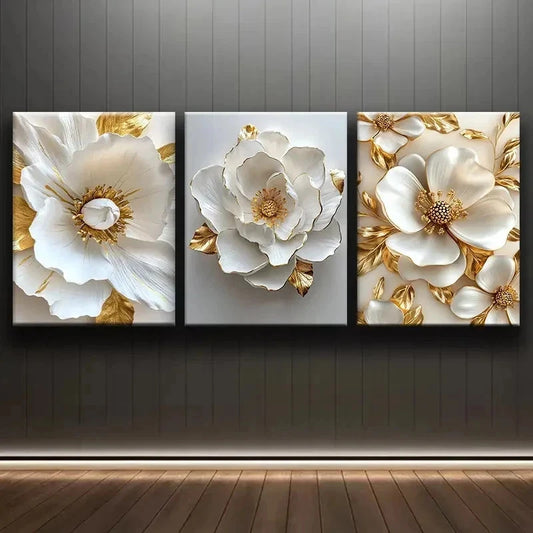 3pcs Golden And White Flower Design  Wall Art Set Canvas Framed 50x70cm - High Quality Print 100% Australian Made Wall Canvas Ready to Hang