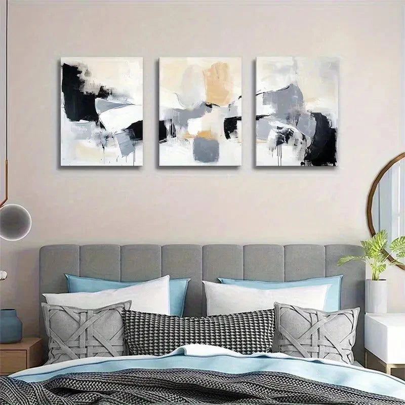 3pcs Abstract Geometric White and Golden Brush Metal Print Ready to Hang Art - Bella Home Decor
