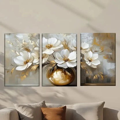 3pcs Elegant White Flowers in Golden Vase Wall Art Set Canvas Framed 50x70cm - High Quality Print 100% Australian Made Wall Canvas Ready to Hang