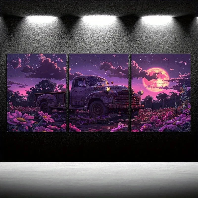 3pcs Rusty Trucks, Half Buried on The Grass Design Metal Print Ready to Hang Art - Bella Home Decor