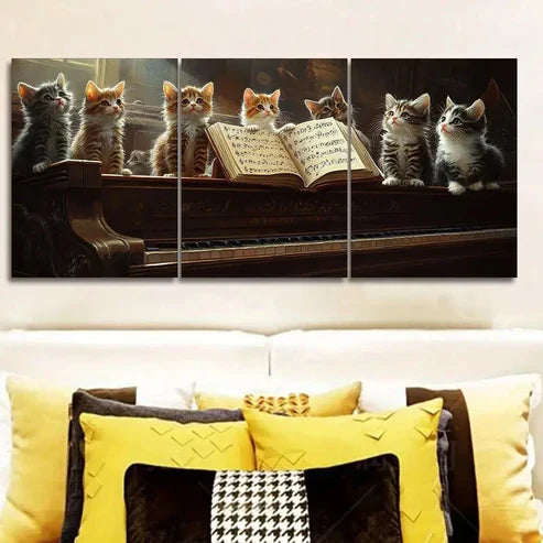 3pcs Featuring a Cat on a Piano Wall Art Set Canvas Unframed - High Quality Print 100% Australian Made Wall Canvas