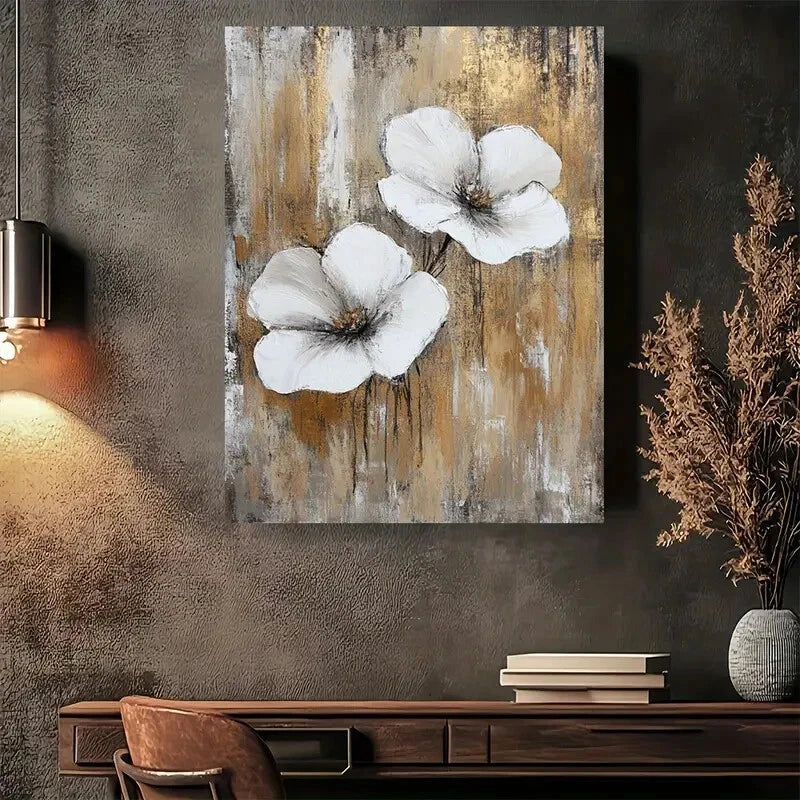 Beautiful Abstract White Flower Elegant Painting 40x60cm Metal Print Ready to Hang - Bella Home Decor