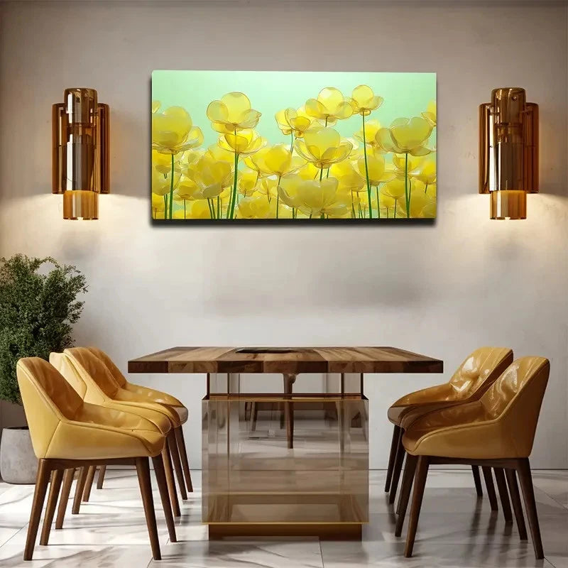 Dining room with wooden table and chairs, wall art of yellow flowers, and wall sconces.