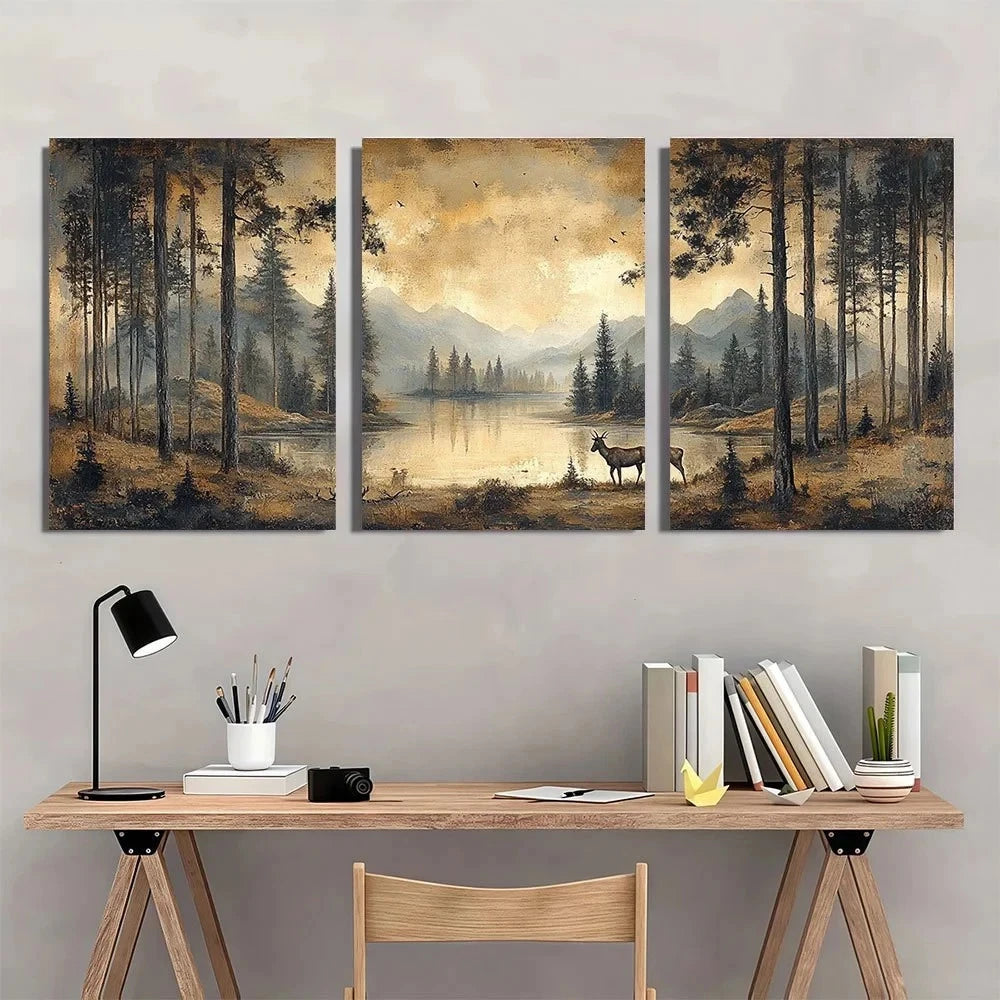 3pcs Neutral Brown Forest Scene with Serene Wall Art Set Canvas Framed 60x90cm - High Quality Print 100% Australian Made Wall Canvas Ready to Hang - Bella Home Decor