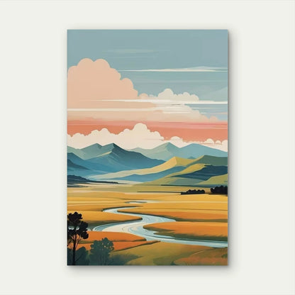River Landscape with Rolling Hills 60x90cm Metal Print Ready to Hang