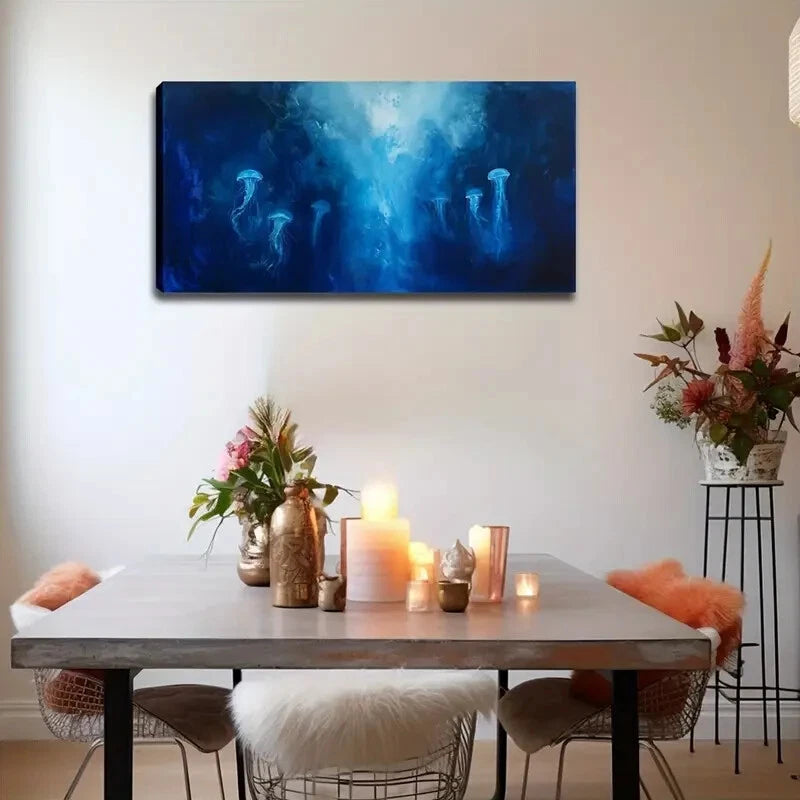 Mystical Blue Ocean & Jellyfish Wall Art Canvas Office Home Room Framed 120x60cm