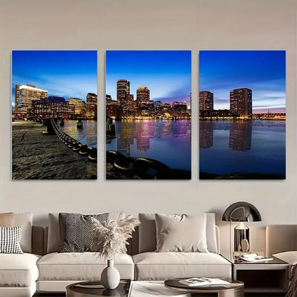 3pcs Vibrant Cityscape with Harbor Walk Metal Print Ready to Hang Art